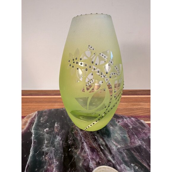 Handcrafted Frosted Green Glass Vase With Silver Accents & Intricate Leaf Design - Picture 4 of 10